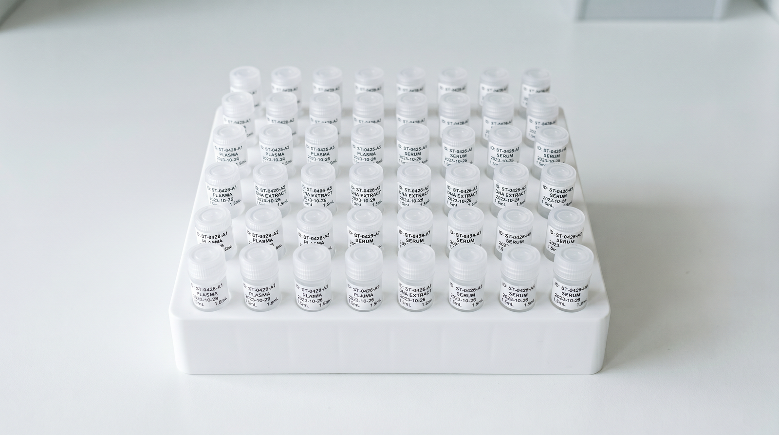 Perfectly organized labeled sample tubes in a rack, showing biobank precision
