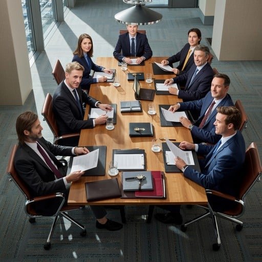 Healthcare executives discussing strategy in a professional boardroom setting