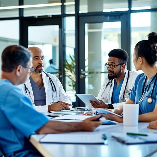 Medical team collaborating around a table during a planning session