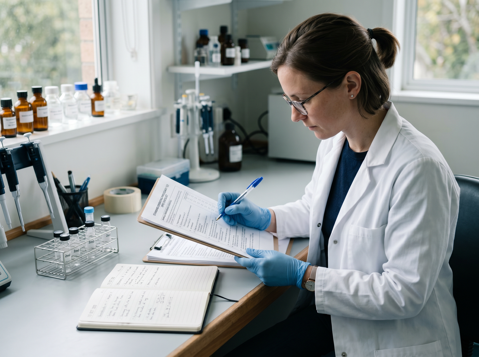 Scientist reviewing a standardized SOP checklist at a laboratory bench